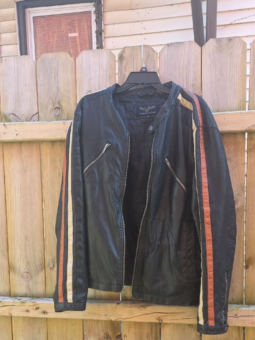 Wilsons Leather Black Bomber Jacket with Red and Cream Sleeve Stripes